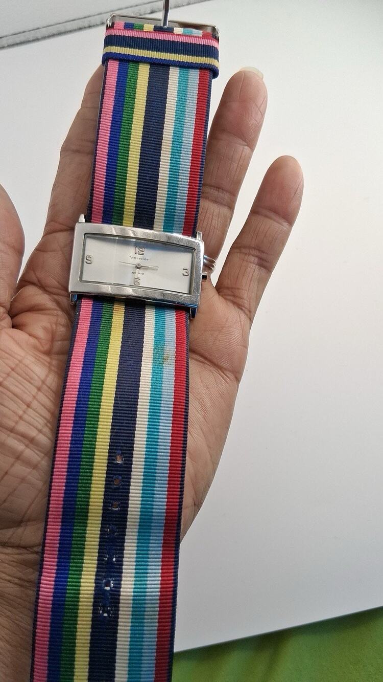 Vernier Womens Watch Wide Rainbow Multi Stripe Fabric Cuff Leather Strap V7107